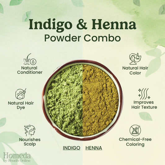 Pure green henna leaf powder and dark indigo powder side by side for hair dye preparation
