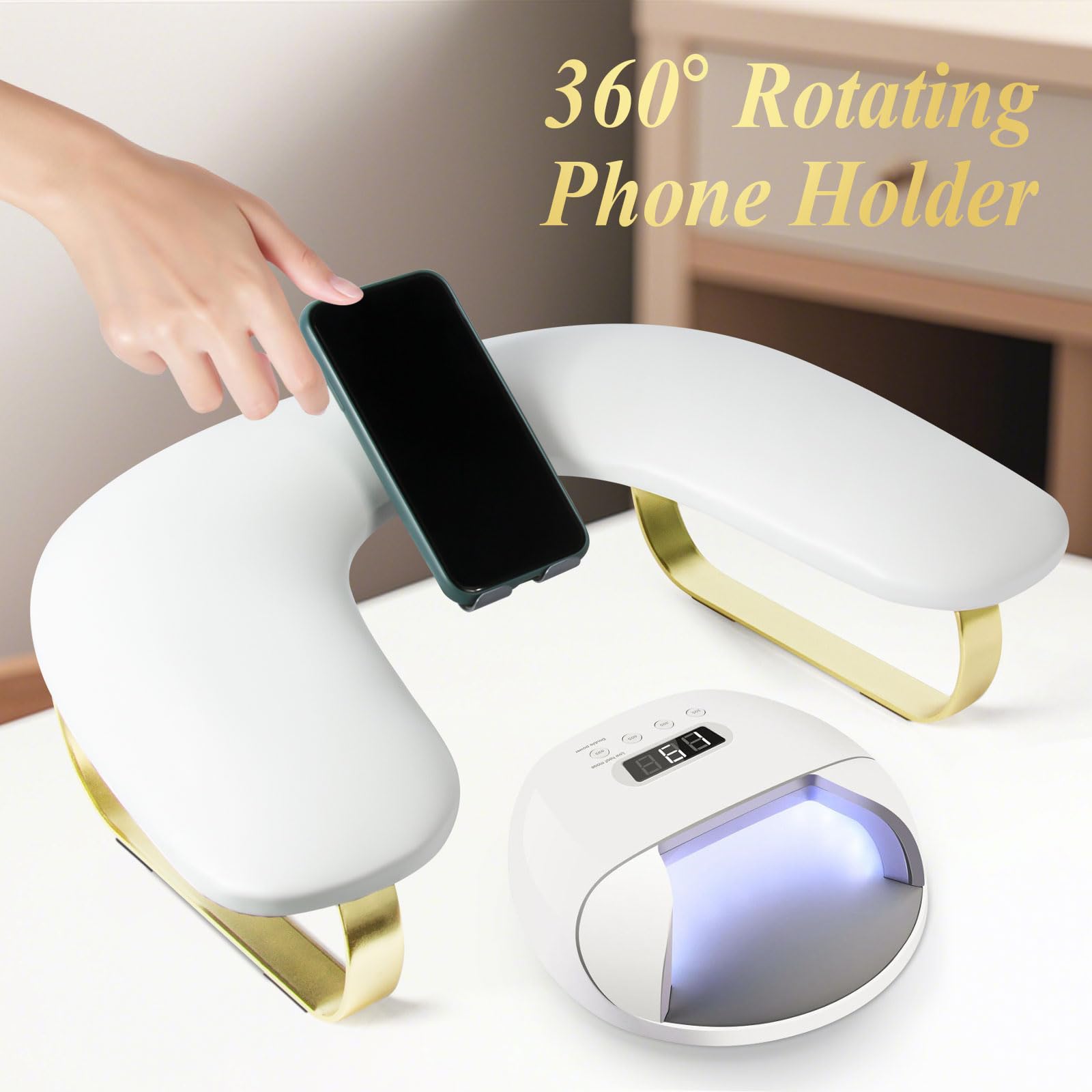 Side profile of nail tech arm rest with phone stand