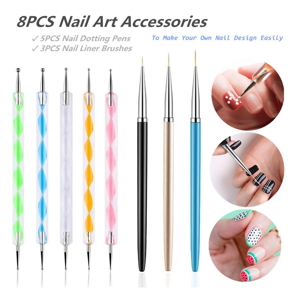 Full packaging view of the FULINJOY 8 piece professional nail art kit showcasing all included dotting and liner brush tools.