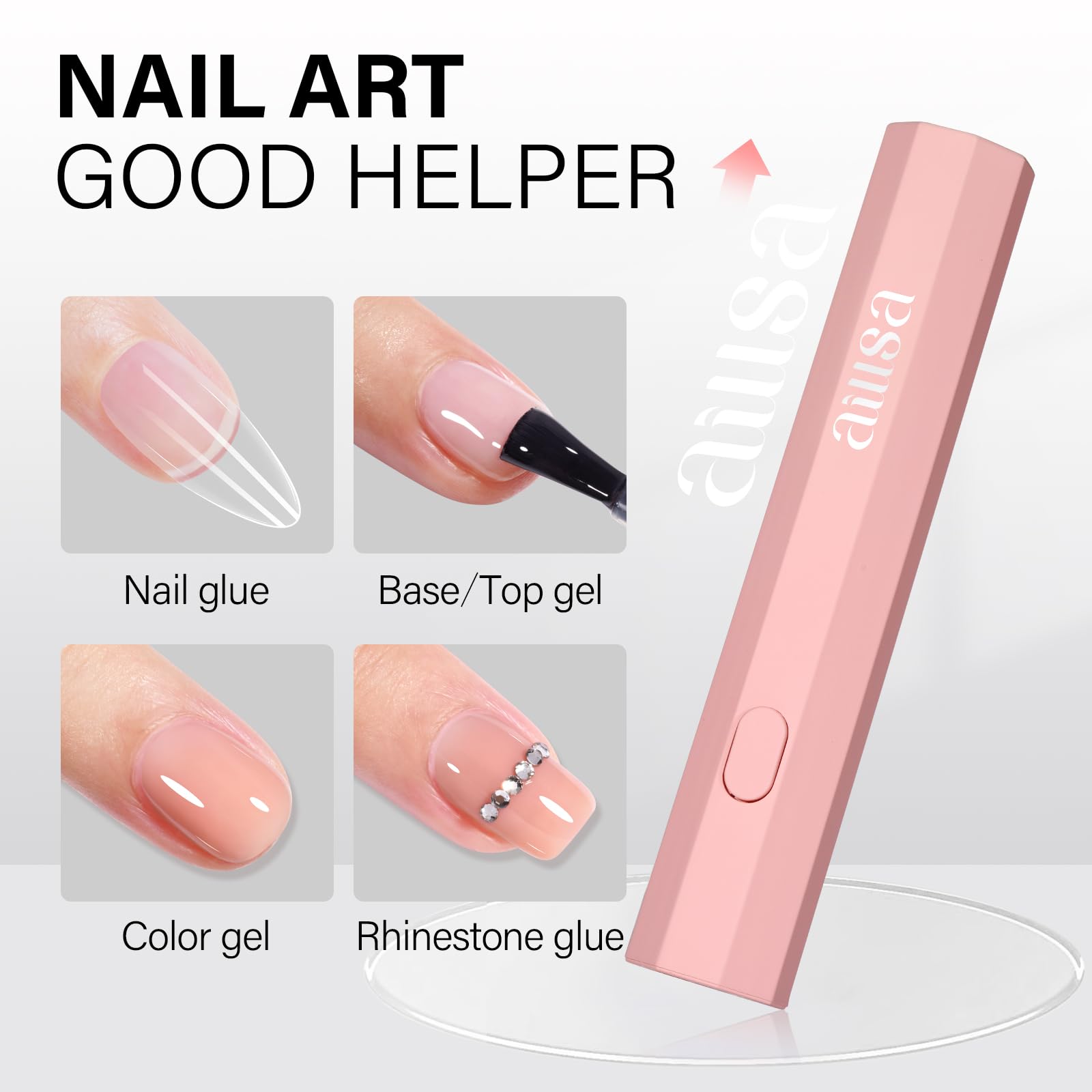 Pink mini portable cordless flash cure LED nail lamp angled to highlight the convex lens opening.