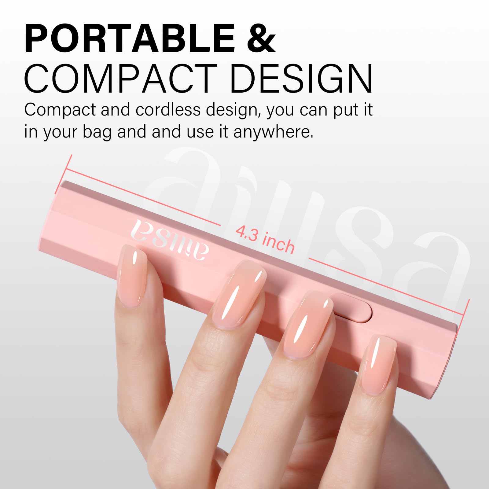 Close up view of the single control button on the pink handheld ultraviolet nail light.