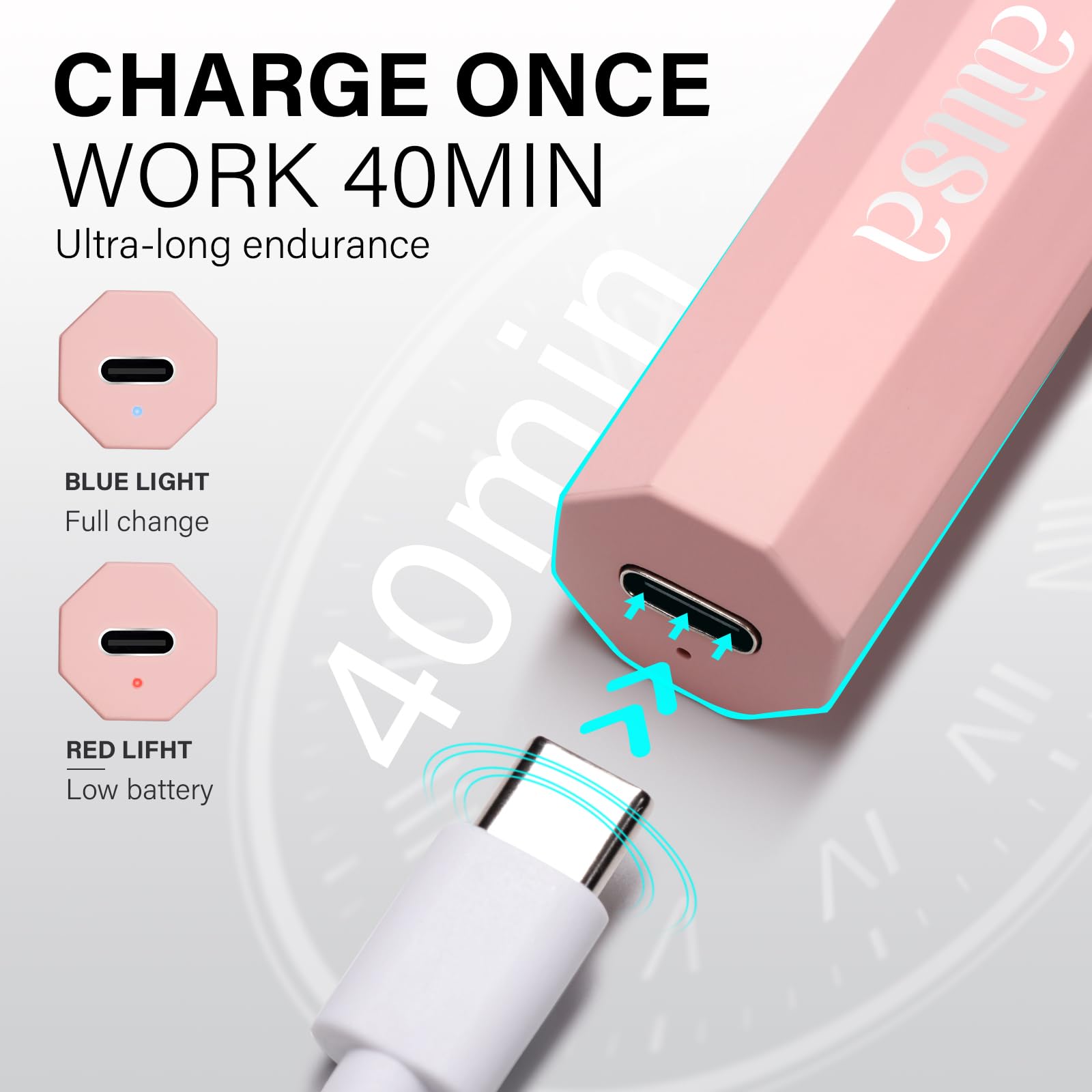 Portable pen shaped mini ultraviolet nail light placed next to a travel cosmetic pouch.