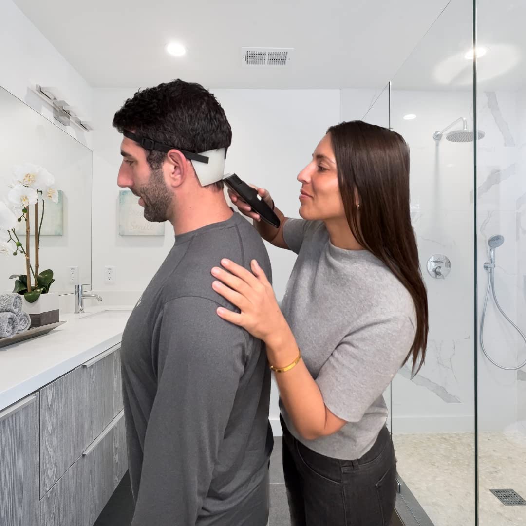 Man using EdgUp neckline tool with trimmer