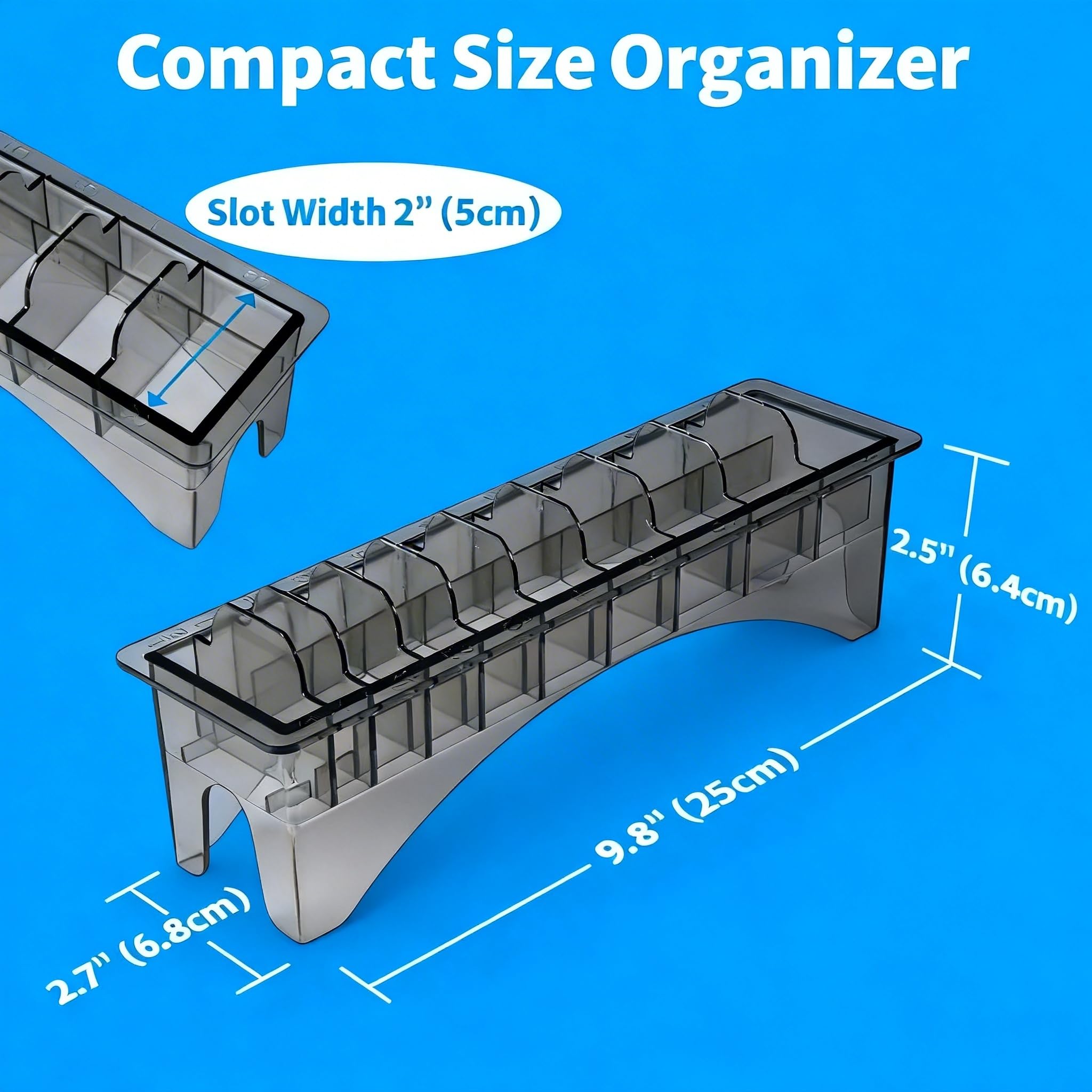 Ten grid hair trimmer attachment tray loaded with various sizes of clipper guards for display