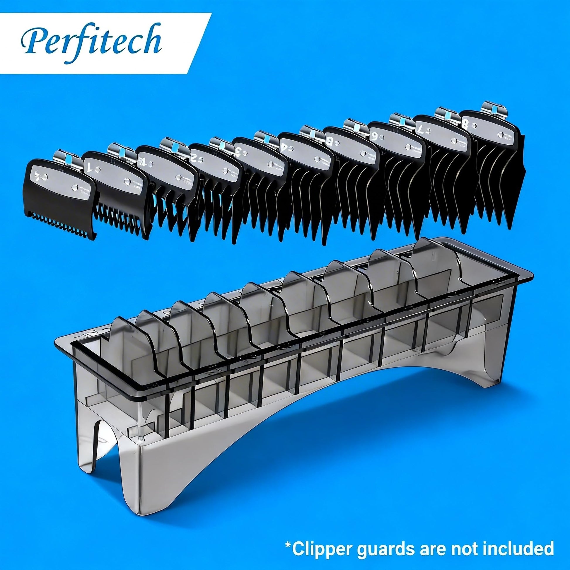 Perfitech clipper attachment organizer placed neatly next to a professional hair clipper on a counter