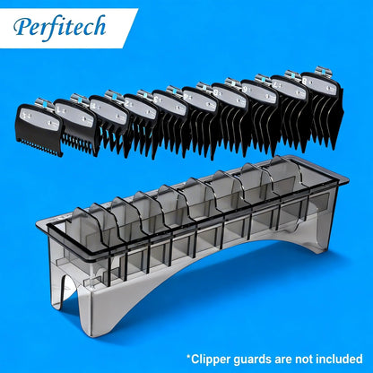 Perfitech clipper attachment organizer placed neatly next to a professional hair clipper on a counter