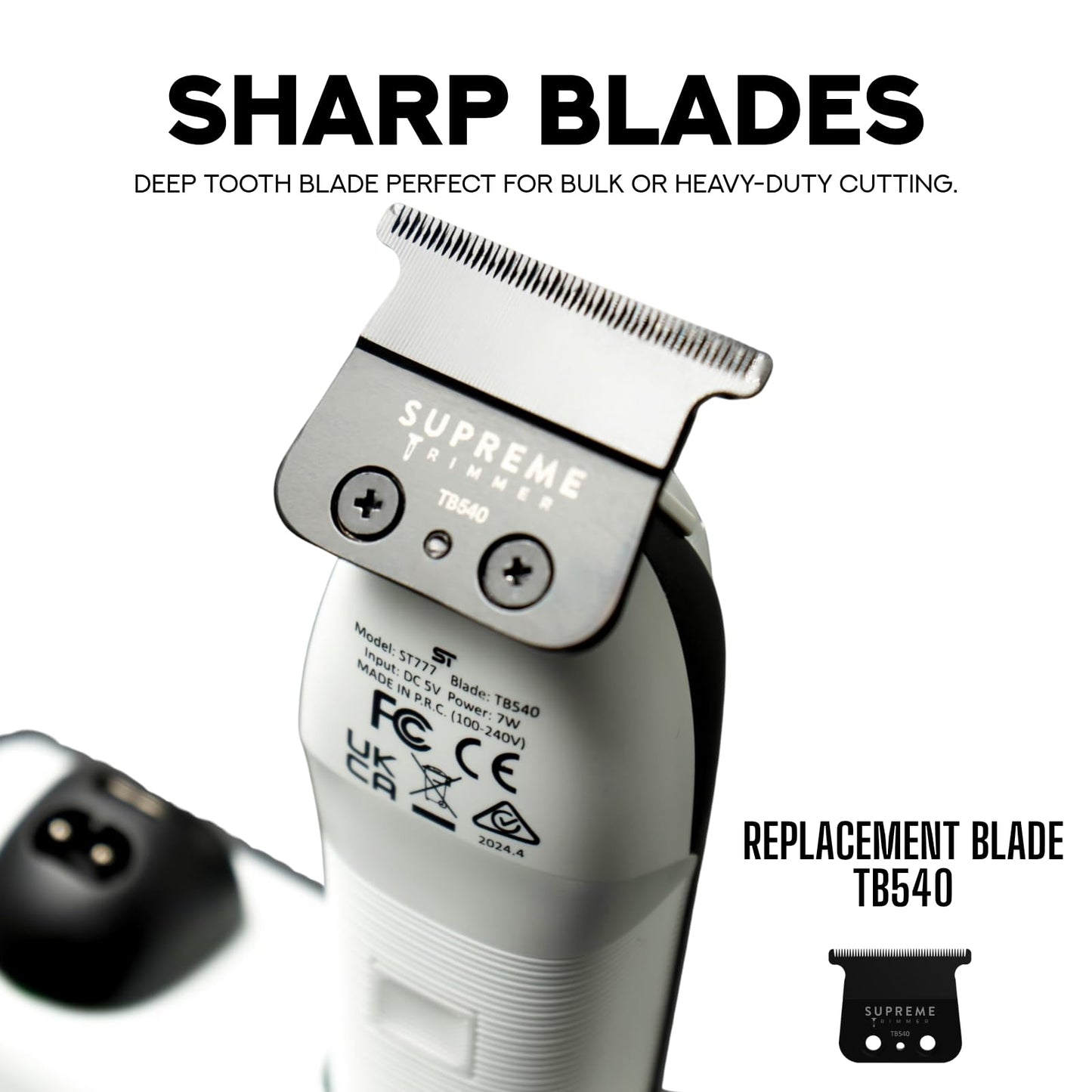 Supreme Trimmer ST777 zero gap DLC blades highlighting precision sharpness for barber lineups.