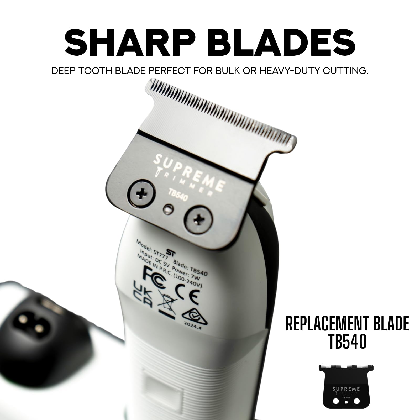 Supreme Trimmer ST777 zero gap DLC blades highlighting precision sharpness for barber lineups.