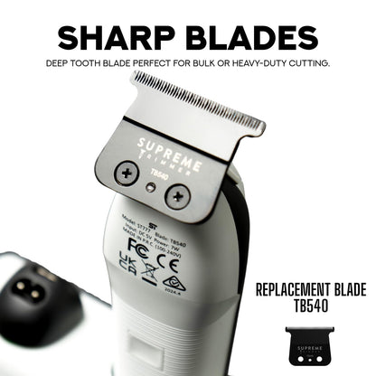 Supreme Trimmer ST777 zero gap DLC blades highlighting precision sharpness for barber lineups.