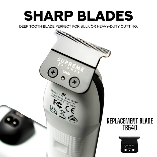 Supreme Trimmer ST777 zero gap DLC blades highlighting precision sharpness for barber lineups.