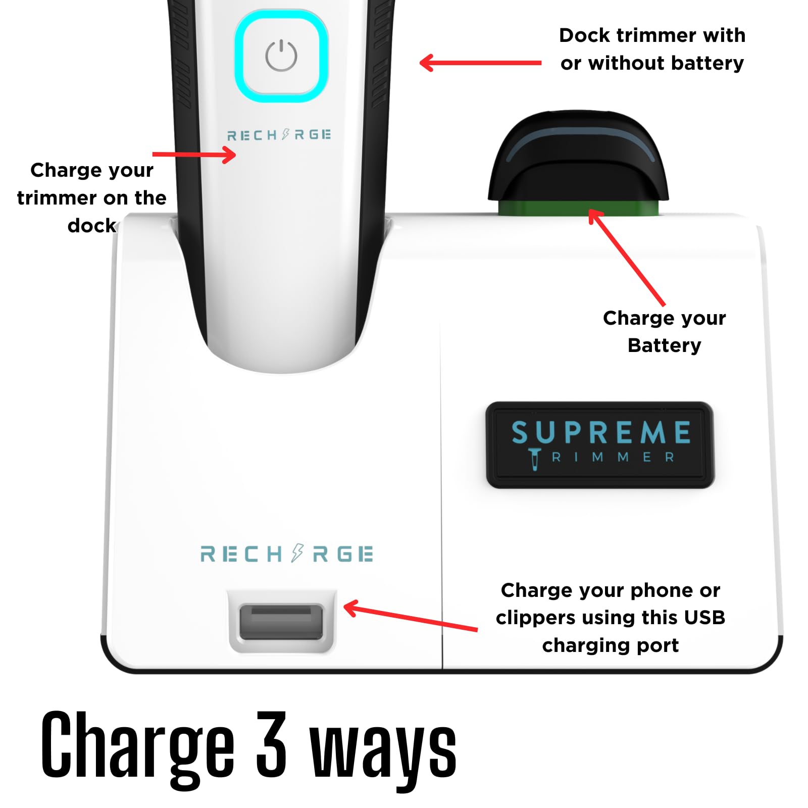 Close-up of the dual swappable battery system on the Supreme Recharge trimmer body.