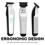 Ergonomic barber trimmer handle showing the power switch and premium brand detailing.