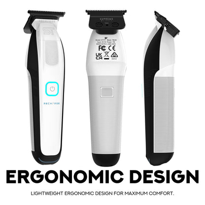 Ergonomic barber trimmer handle showing the power switch and premium brand detailing.