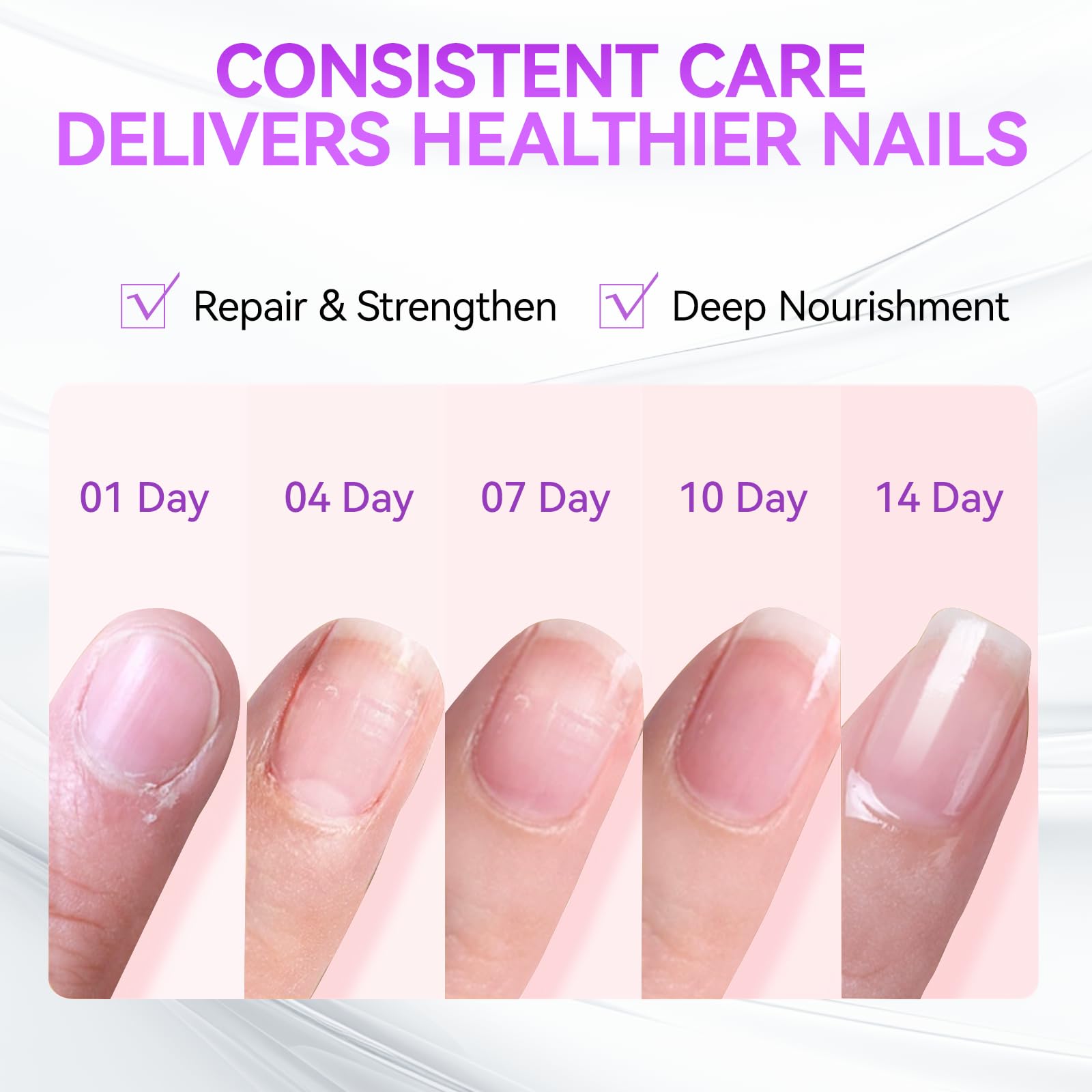 Nail care kit showing milky pink shade on nail plate