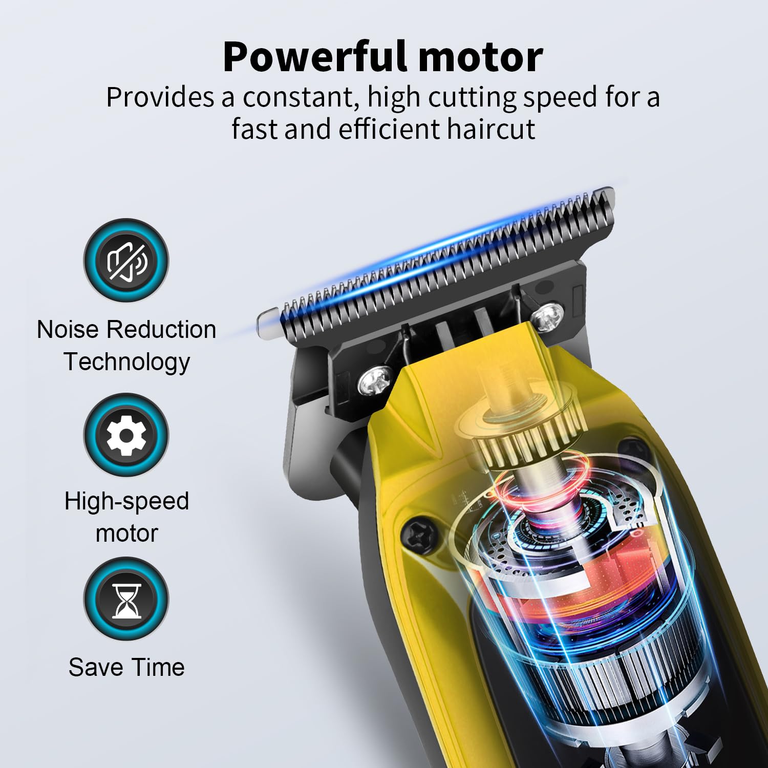 Close up view of the stainless steel zero gapped T blade on the hair trimmer