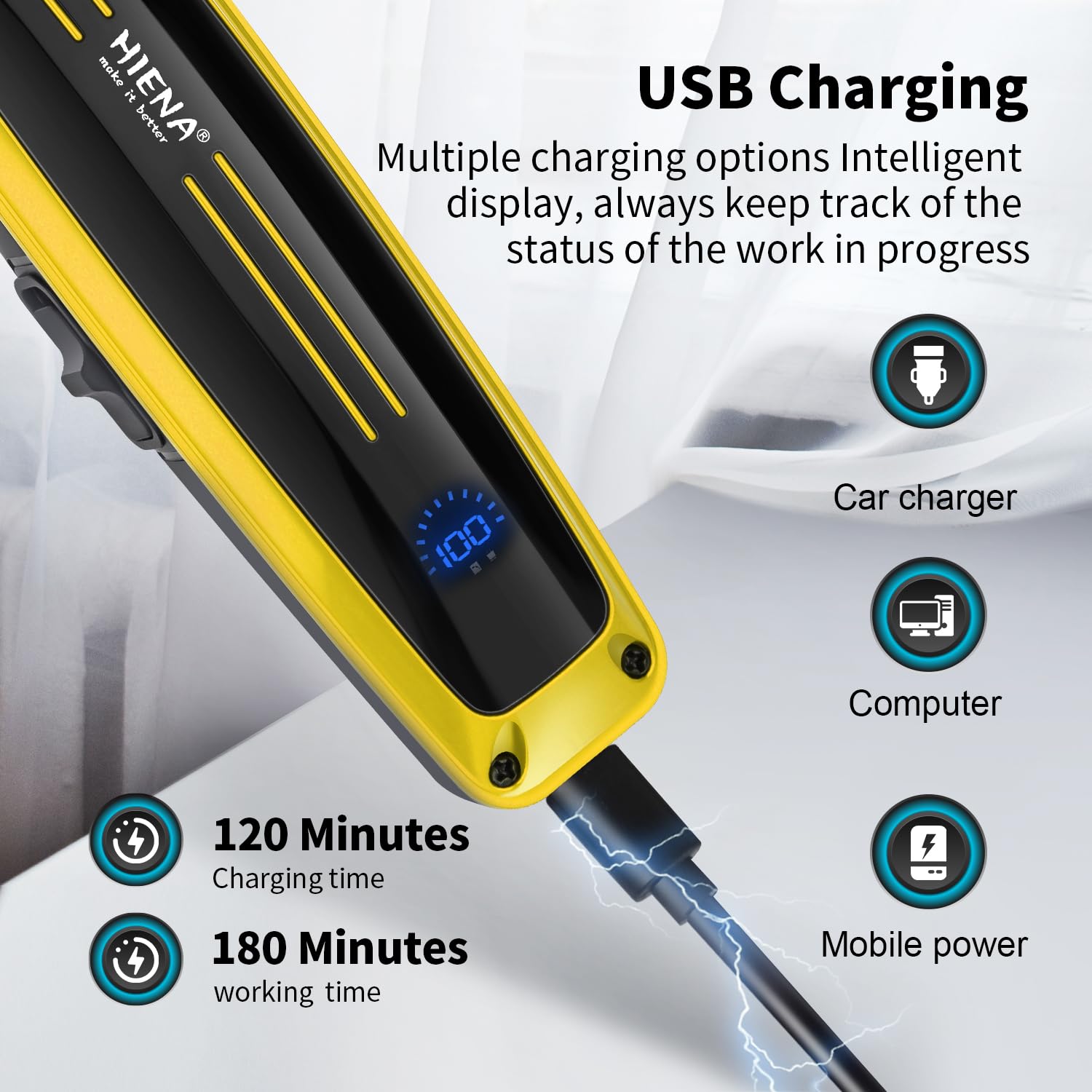 LED battery percentage display screen illuminated on the professional beard trimmer handle
