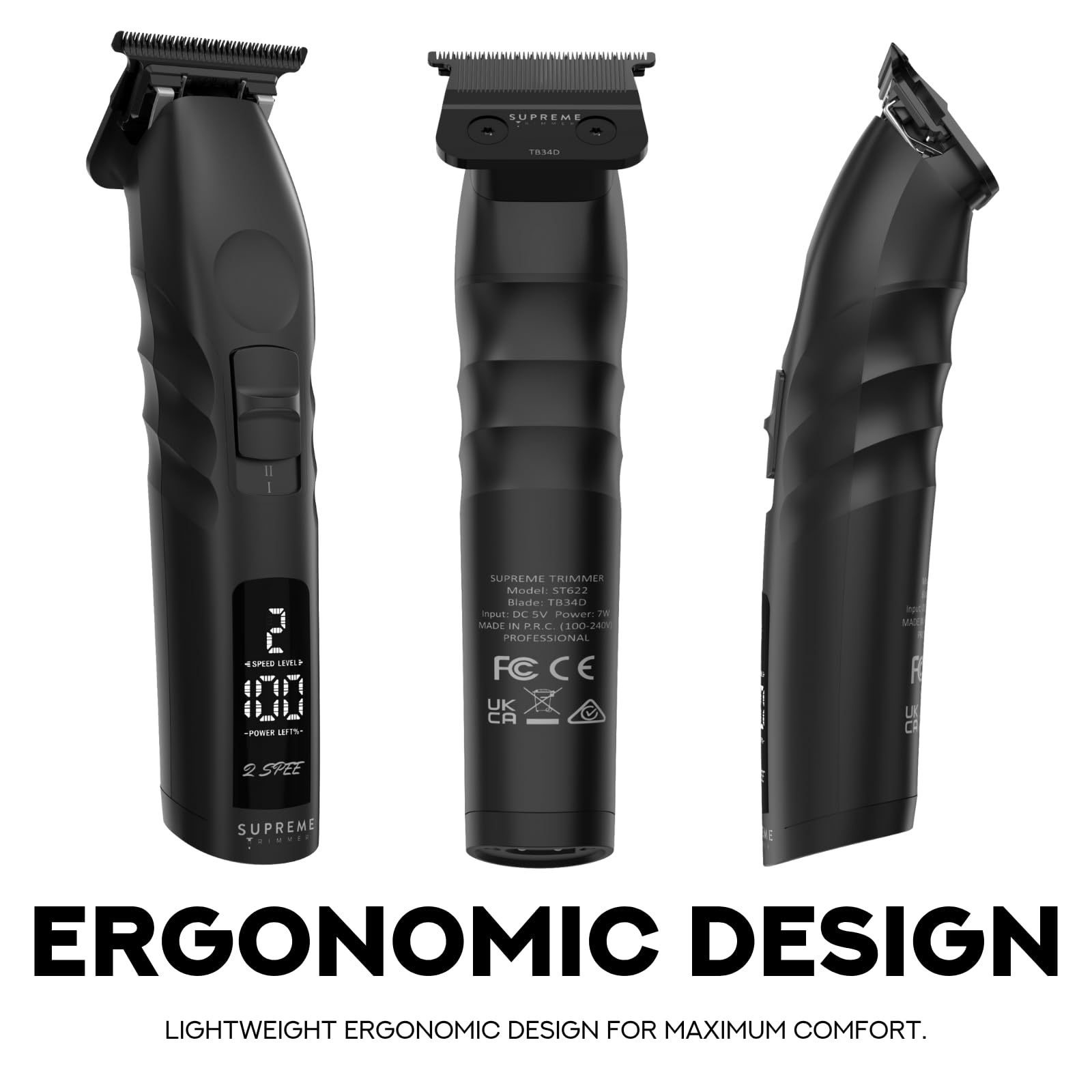 Supreme Trimmer dual speed cordless trimmer showing the ergonomic handle design and finger grooves.