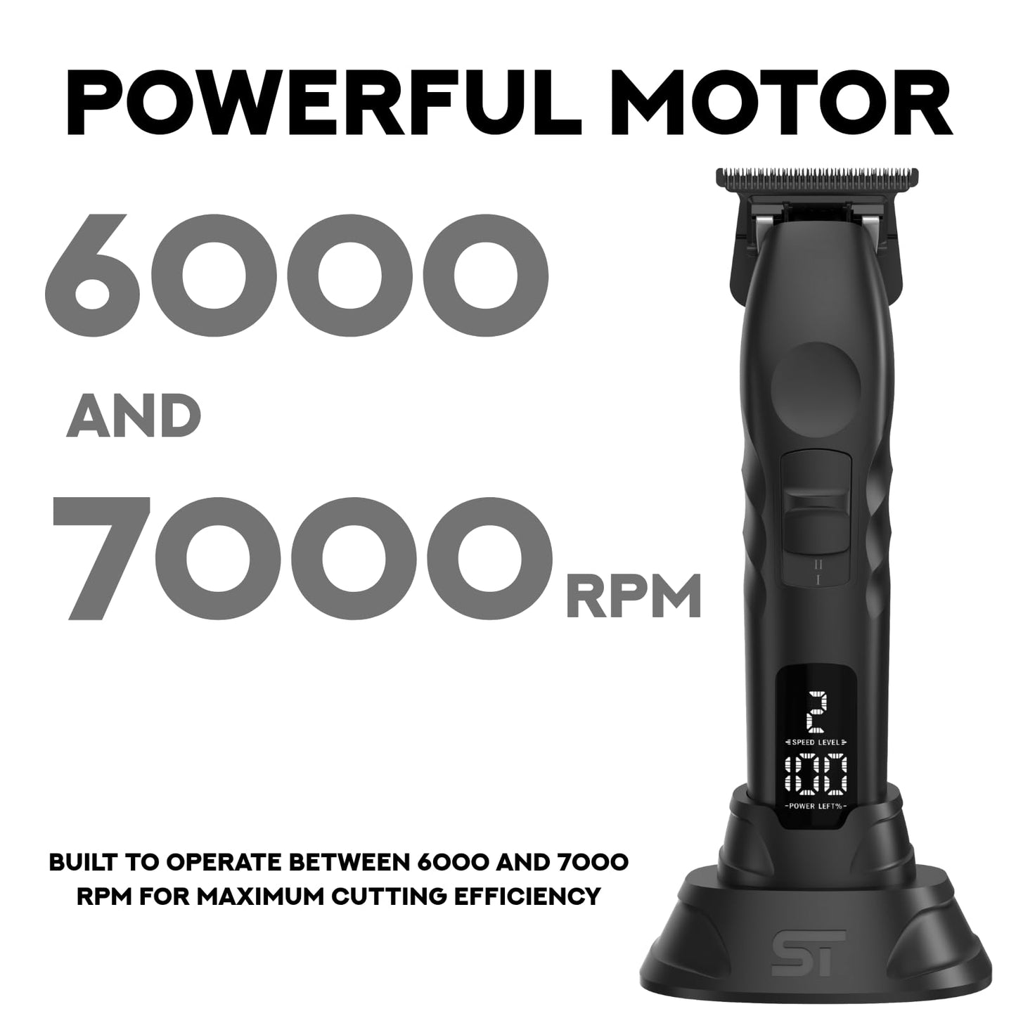 Supreme Trimmer 2Spee ST622 grooming kit resting on its premium charging dock.