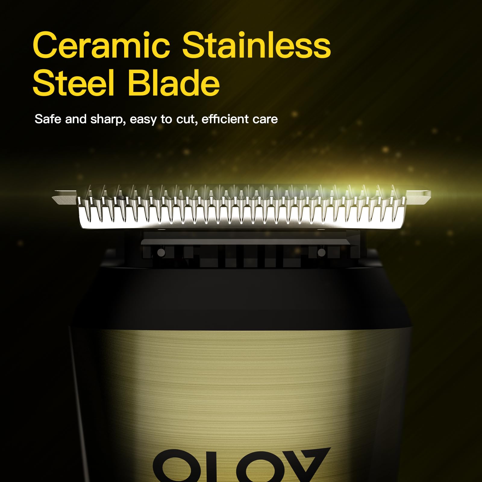 Olov Cyber beard trimmer with 6 interchangeable heads displayed