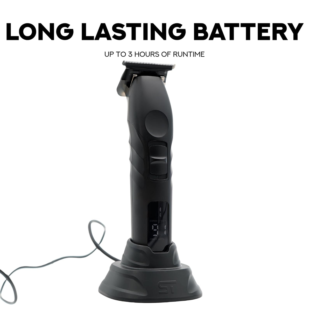 Supreme Trimmer cordless beard trimmer side view showcasing the sleek power button placement.