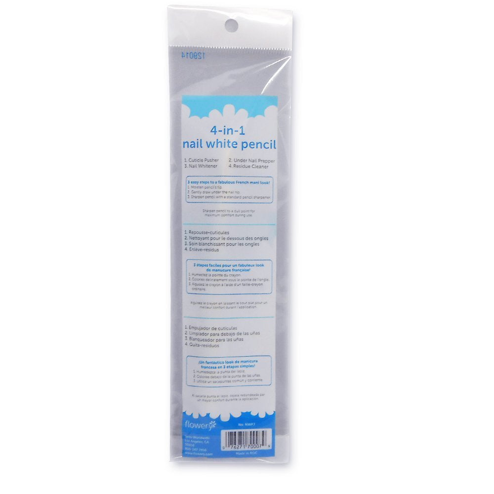 Close-up view of the Flowery under nail whitener pencil packaging highlighting the USA imported grooming tool details.