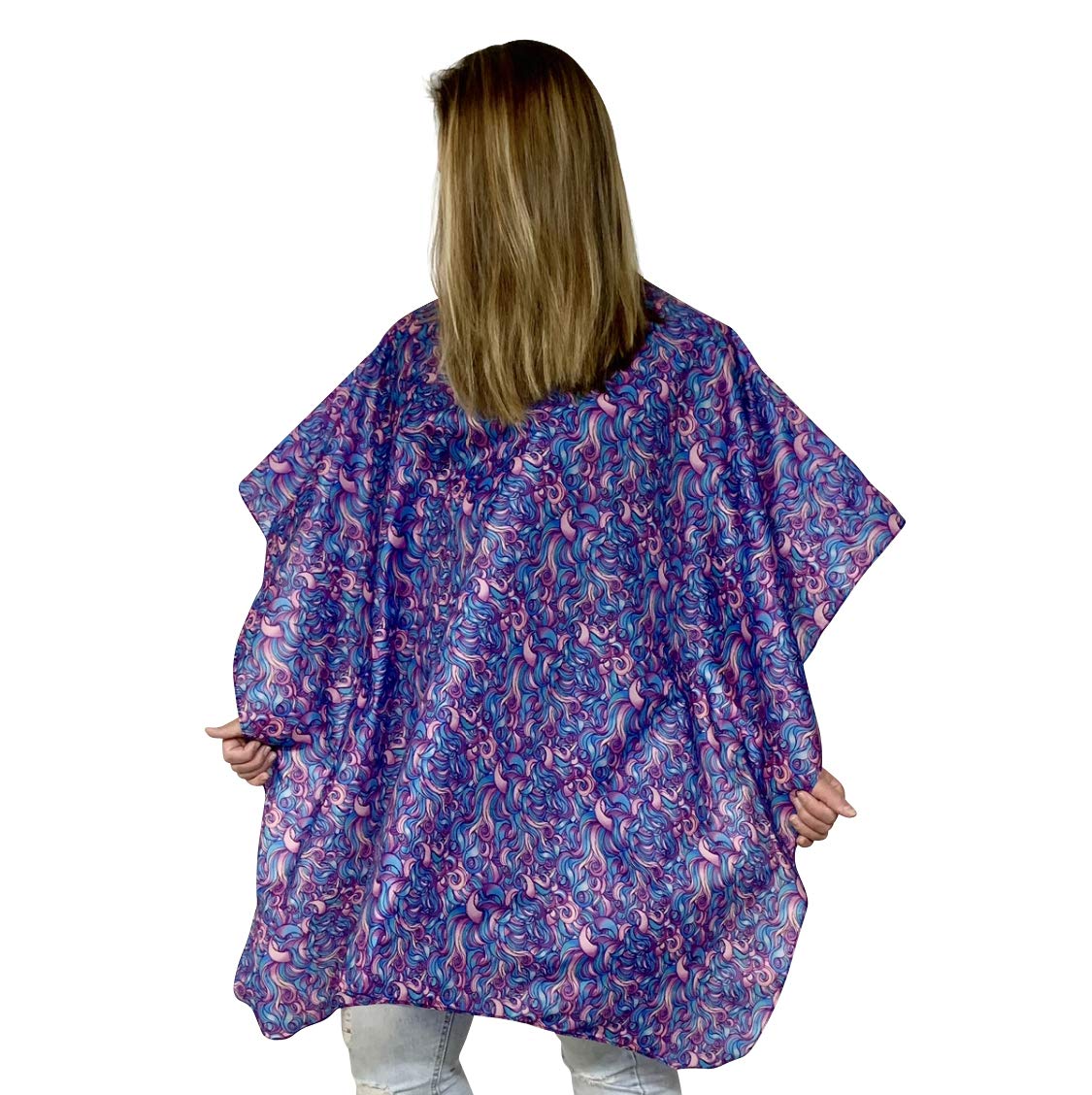 Waterproof salon cutting cape spread flat demonstrating full length coverage