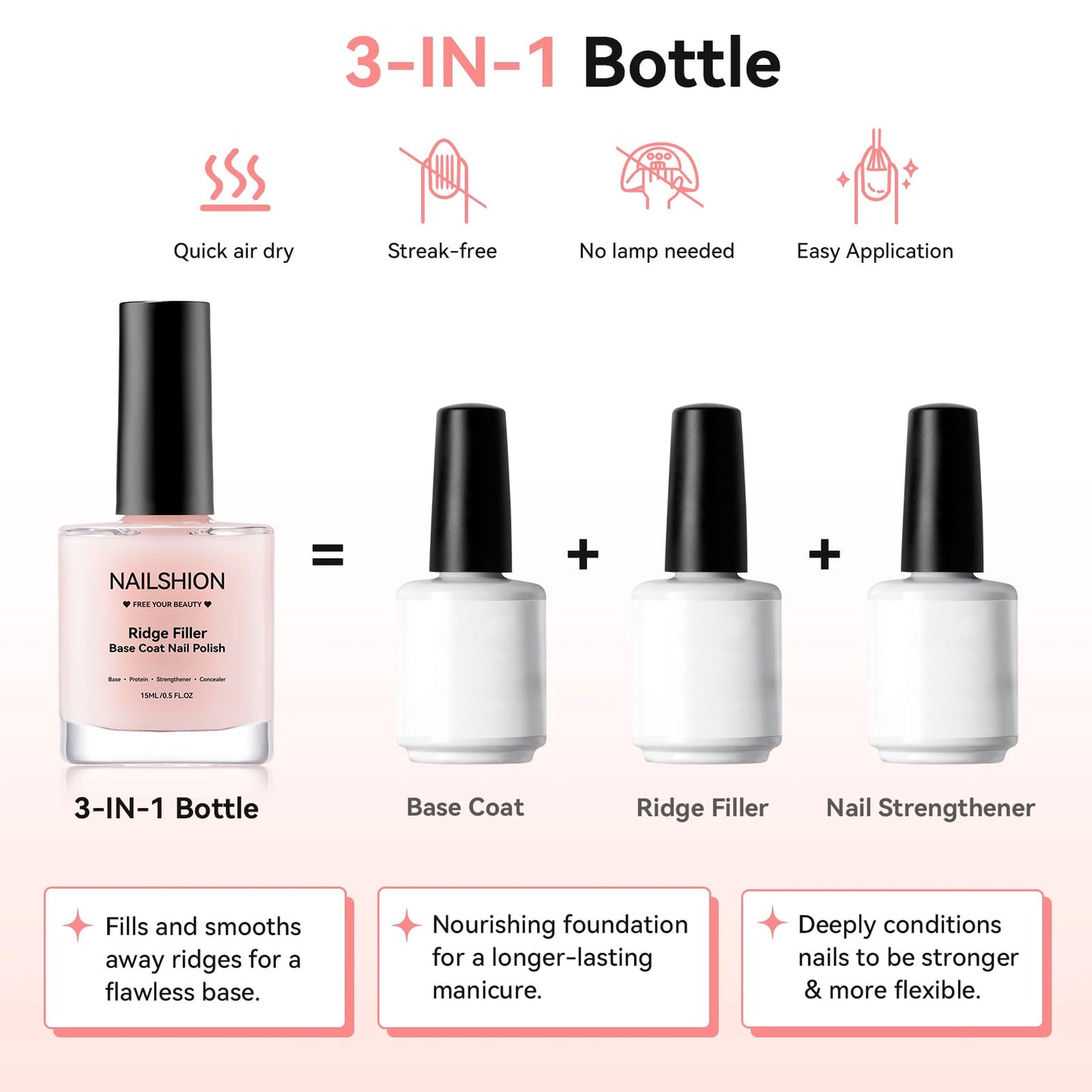Nailshion 3 in 1 nail strengthener bottle showcasing the specialized smoothing brush applicator.