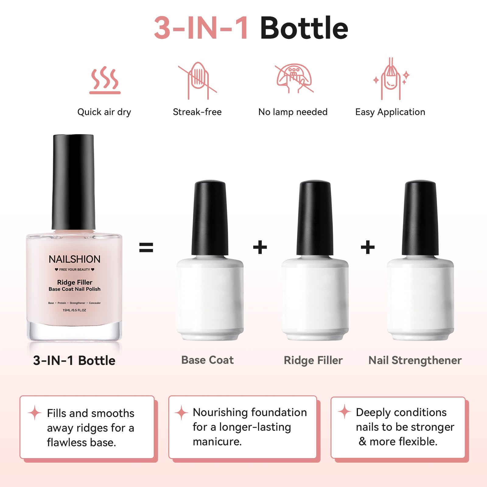 Nailshion 3 in 1 nail strengthener bottle showcasing the specialized smoothing brush applicator.