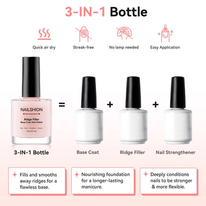 Nailshion 3 in 1 nail strengthener bottle showcasing the specialized smoothing brush applicator.