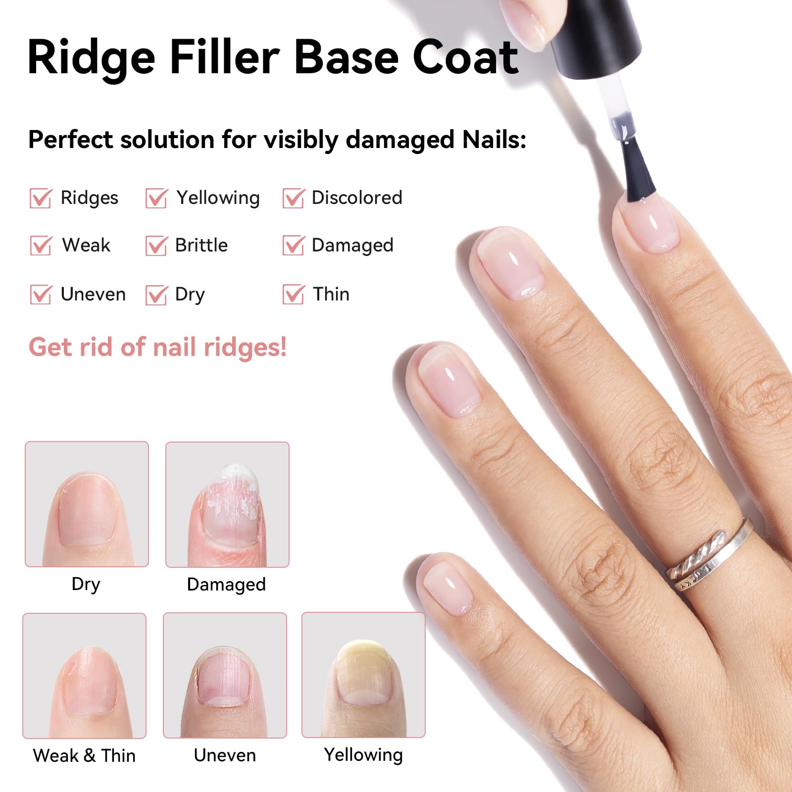 Before and after visual comparison of an uneven nail ridge being filled and leveled smoothly.