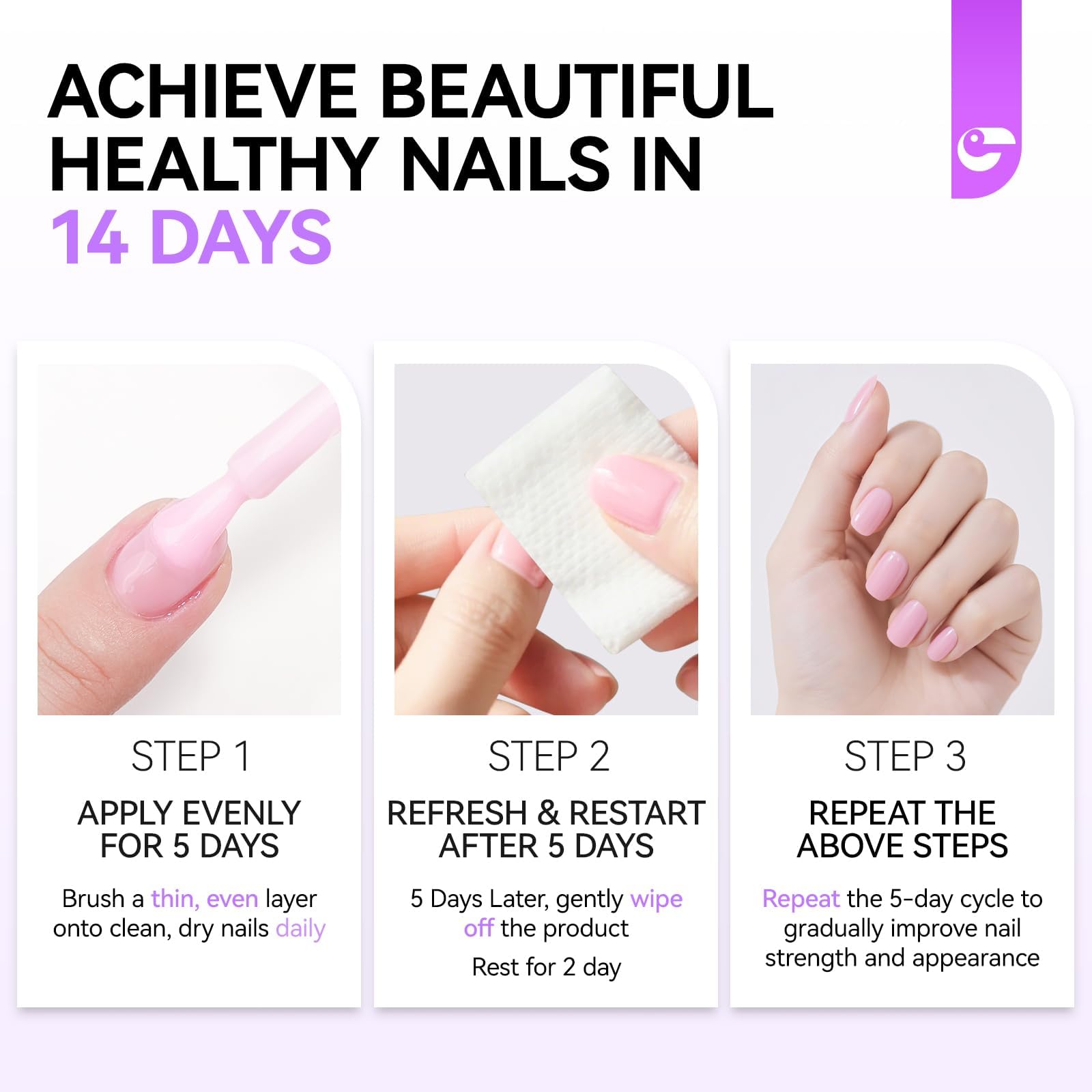 Close up of the brush applicator applying the clear protein formula onto an uneven thumbnail.
