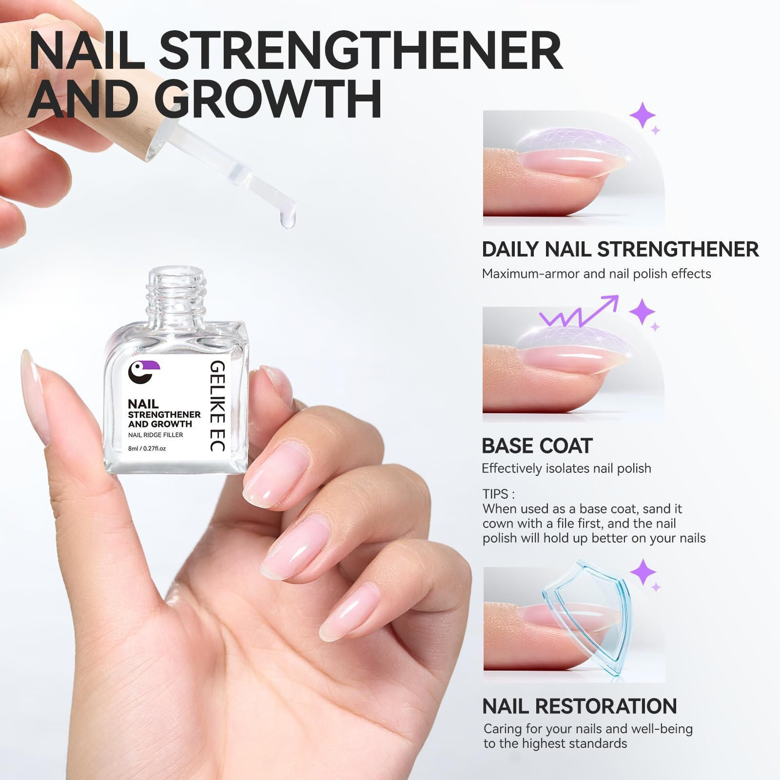 Side by side comparison of a ridged damaged nail versus a smooth glossy nail after application.
