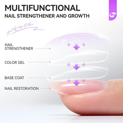 Clear liquid nail growth treatment bottle held in a hand showing the premium glass container.