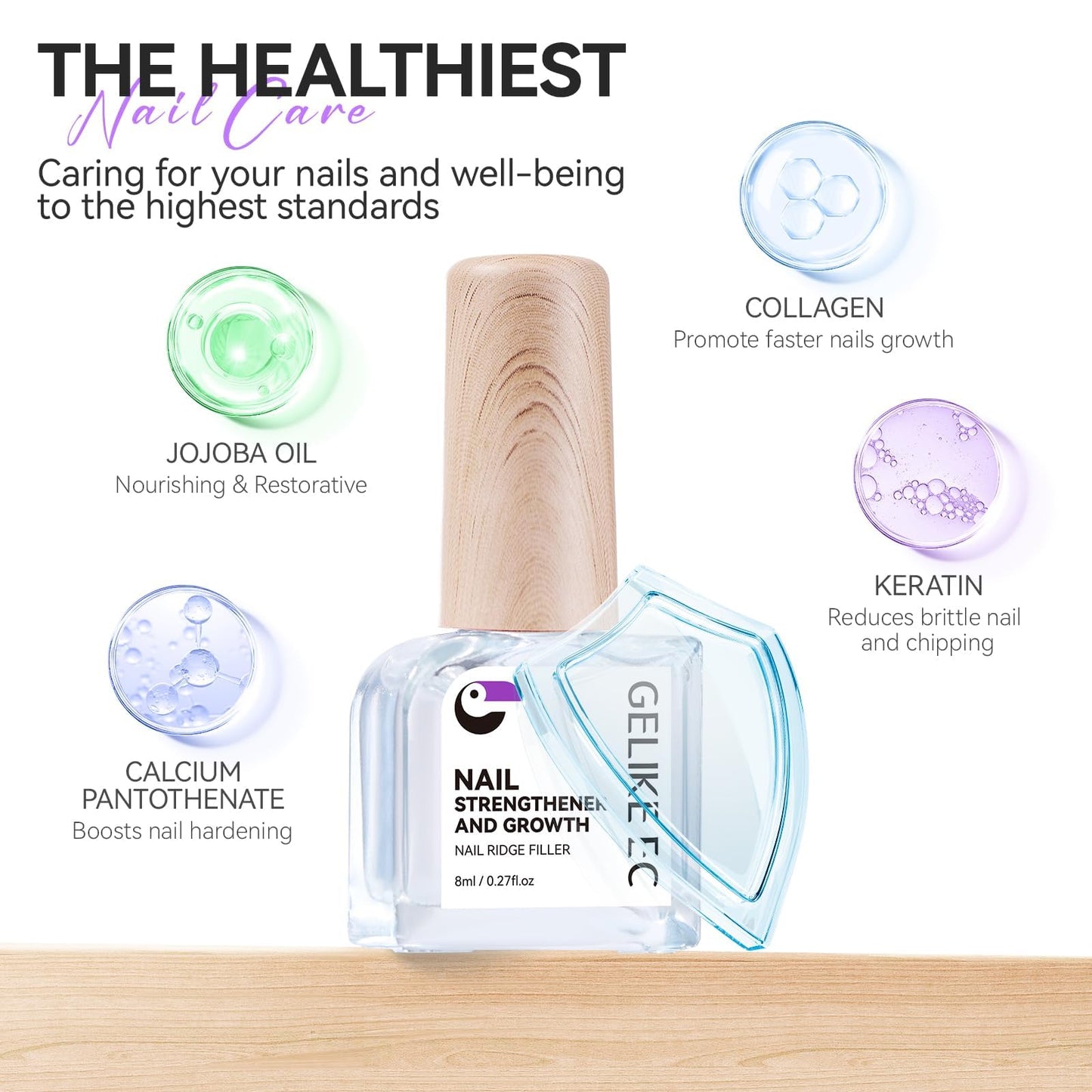 Texture shot displaying the self leveling viscosity of the protein enriched clear nail repair liquid.