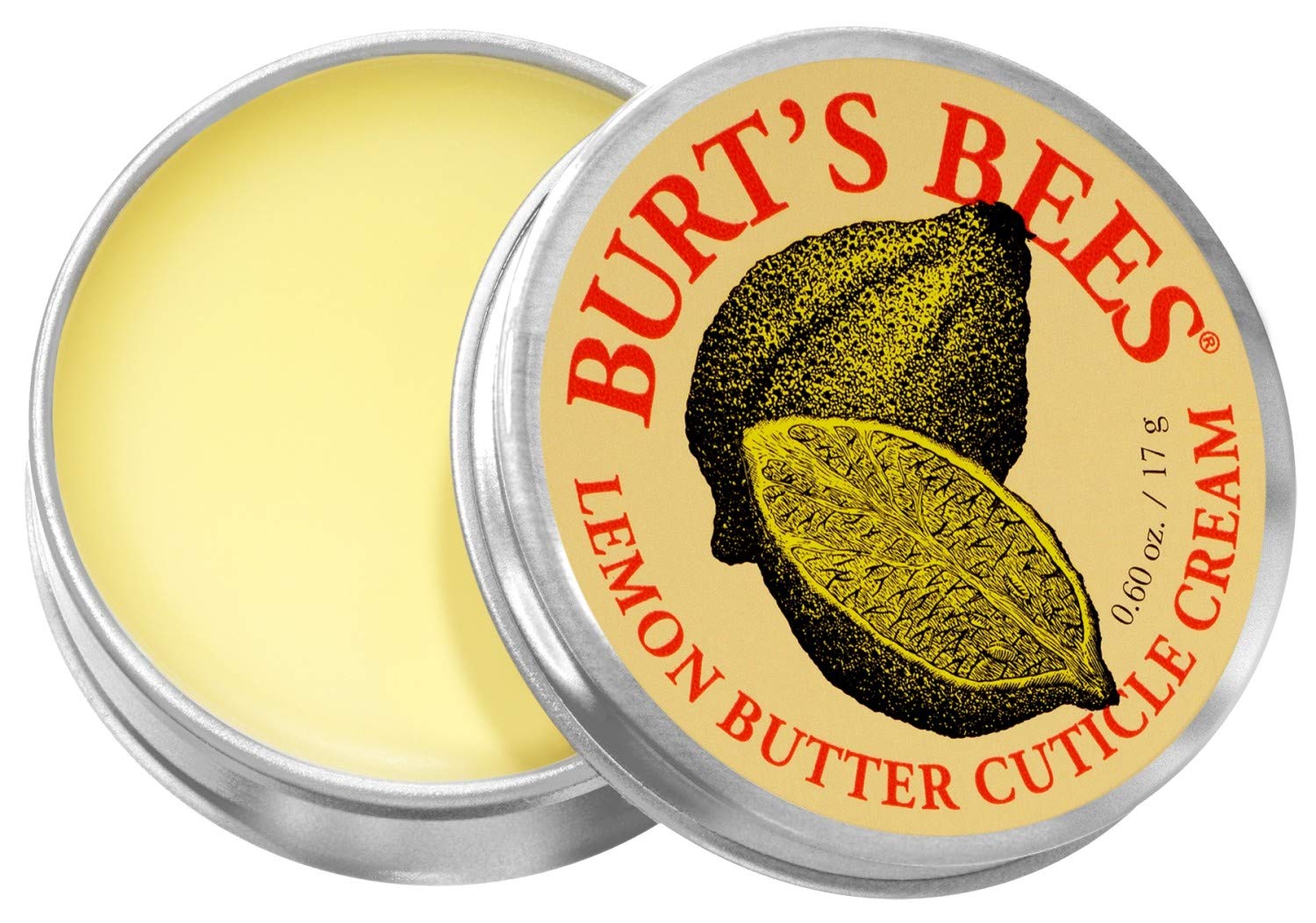 Burt's Bees lemon oil infused nail cream packaging detailing the one hundred percent natural origin formula
