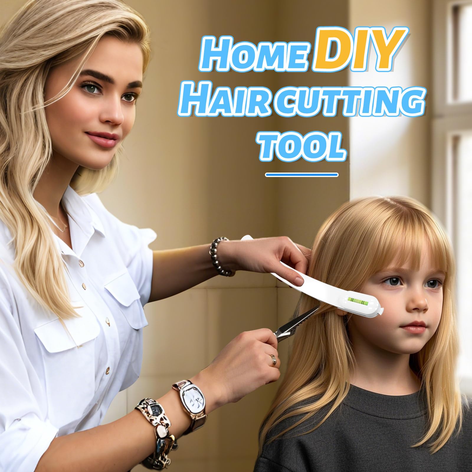 Close up of the blue TagRecove DIY hair trimming guide clip being used to align straight bangs.