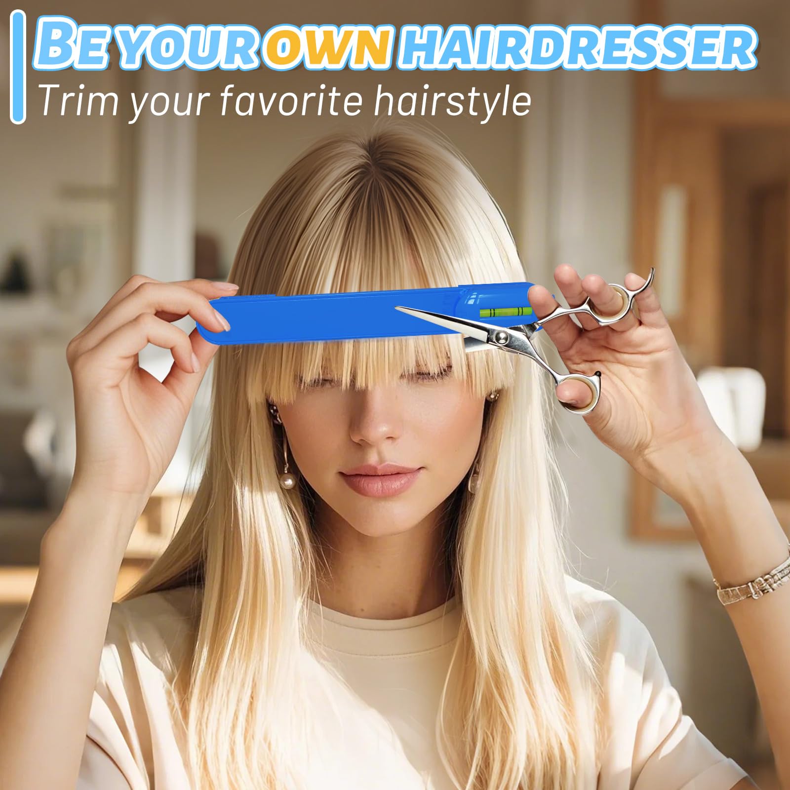 White TagRecove hair layering tool demonstrating the bubble level mechanism for even home haircuts.