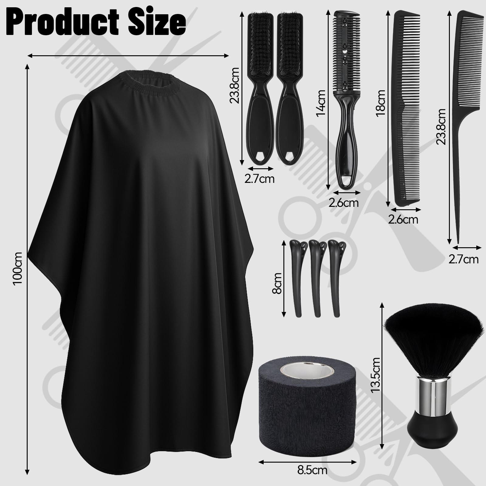Obeoby salon cape set with a soft neck duster brush and three professional styling combs for precision haircuts.