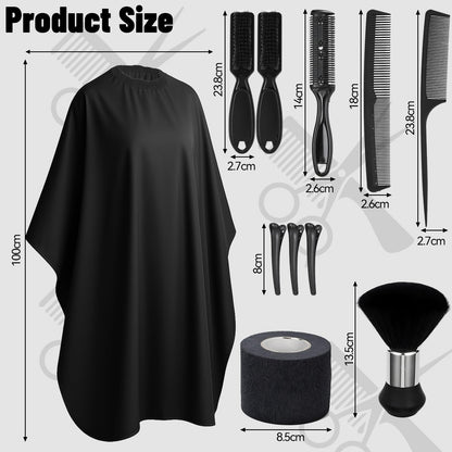 Obeoby salon cape set with a soft neck duster brush and three professional styling combs for precision haircuts.