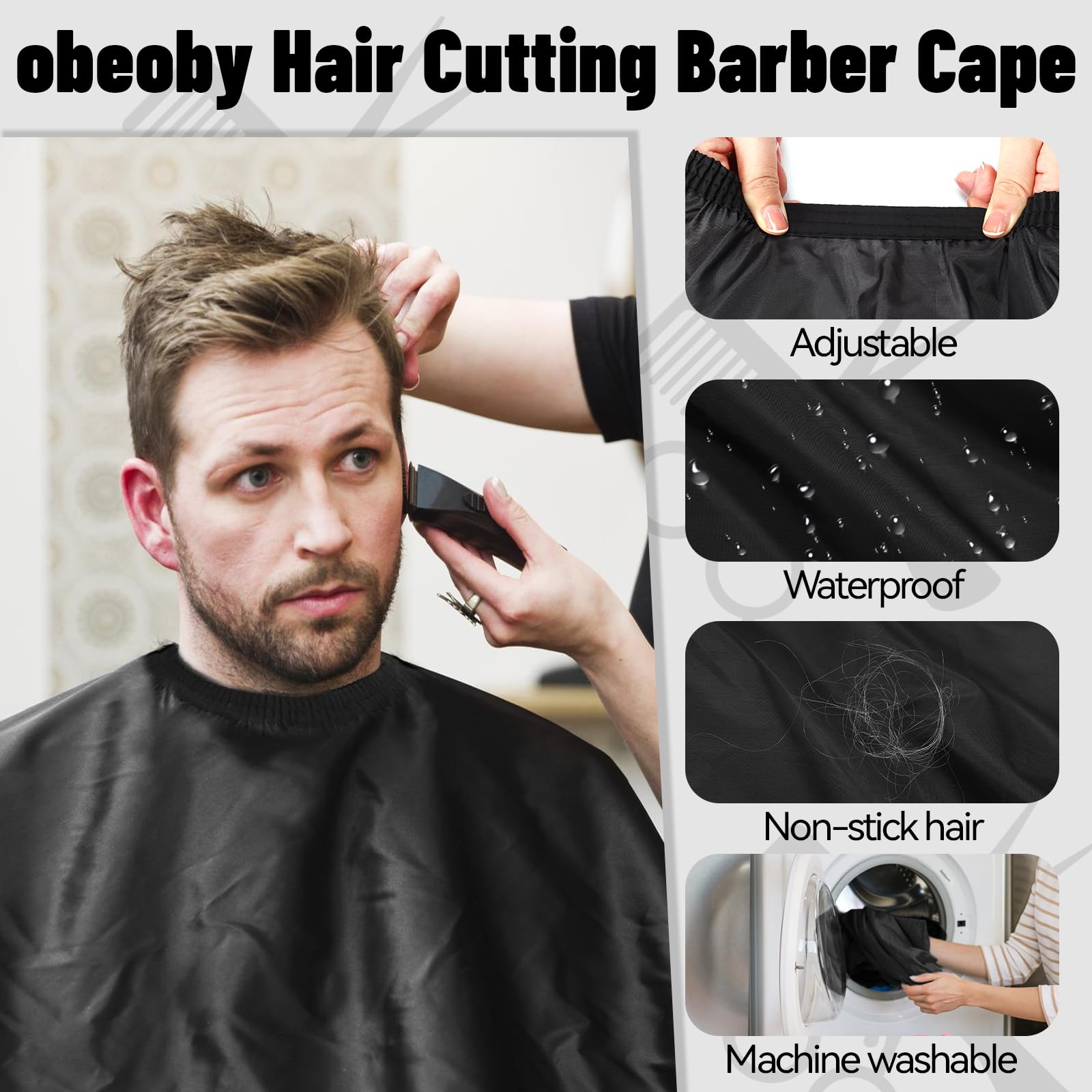 Obeoby waterproof hairdressing cape showing the adjustable neck closure design for comfortable home grooming.