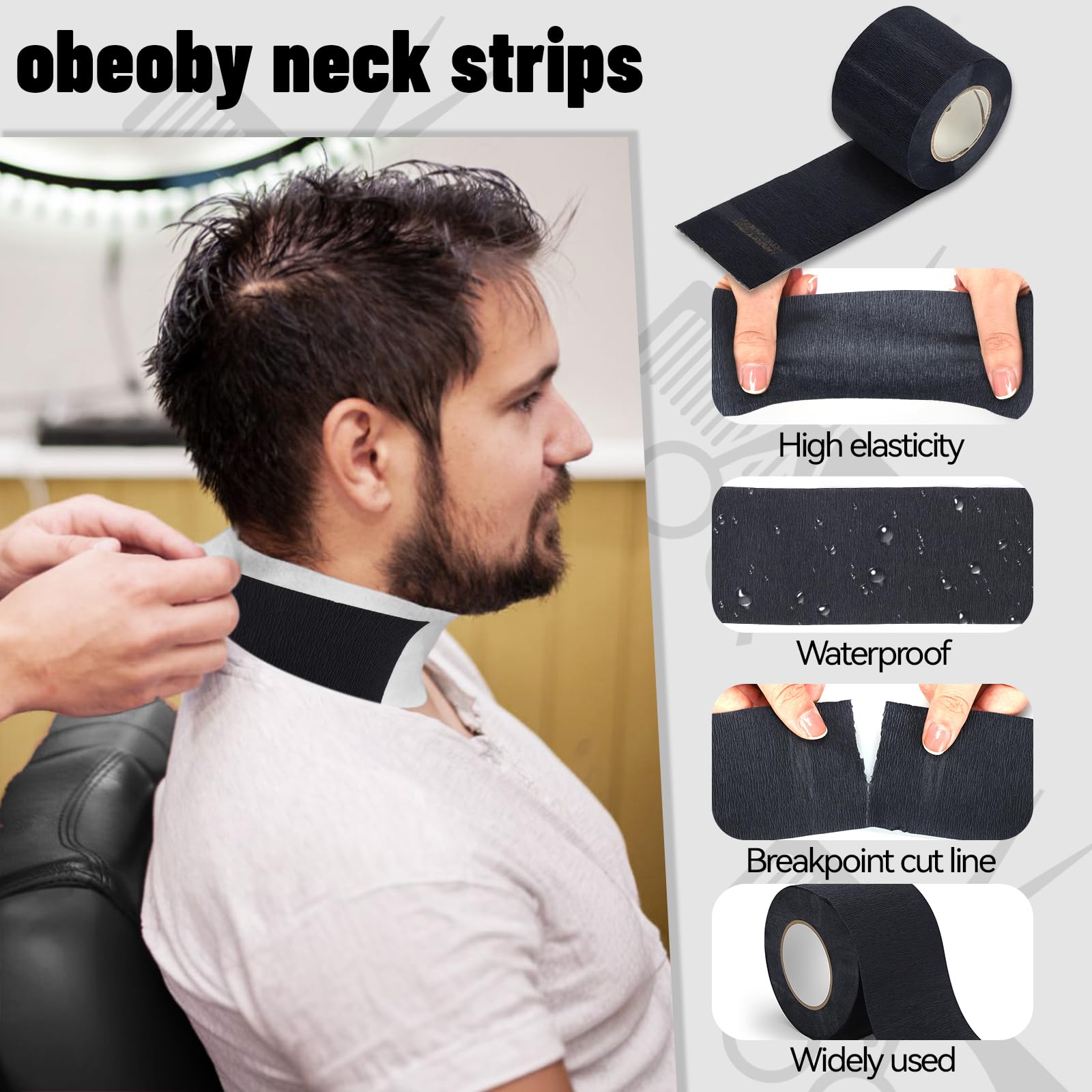 Obeoby 10 piece haircut kit featuring black hair sectioning clips and disposable hygienic neck strips.