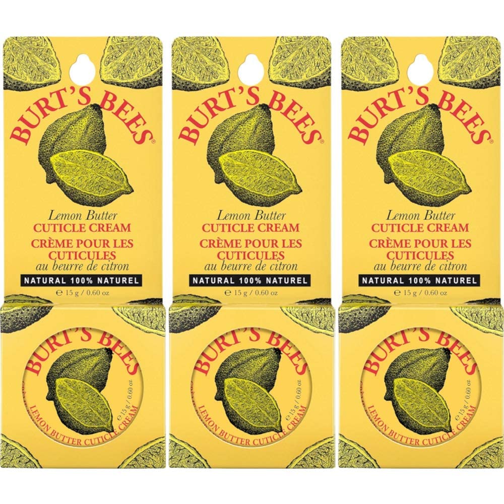 Three tins of Burt's Bees natural lemon oil cuticle treatment arranged neatly on a clean background.