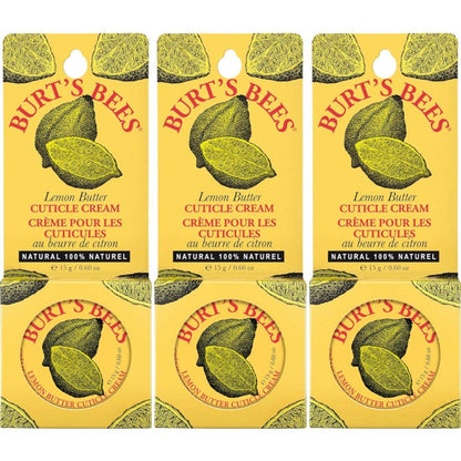Three tins of Burt's Bees natural lemon oil cuticle treatment arranged neatly on a clean background.