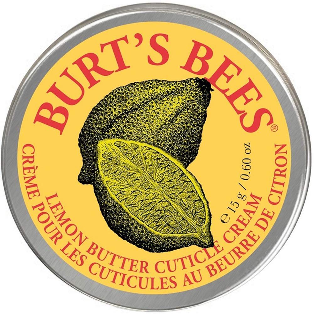 Close up view of the Burt's Bees intensive moisturizing nail balm showcasing the compact travel friendly tin packaging.