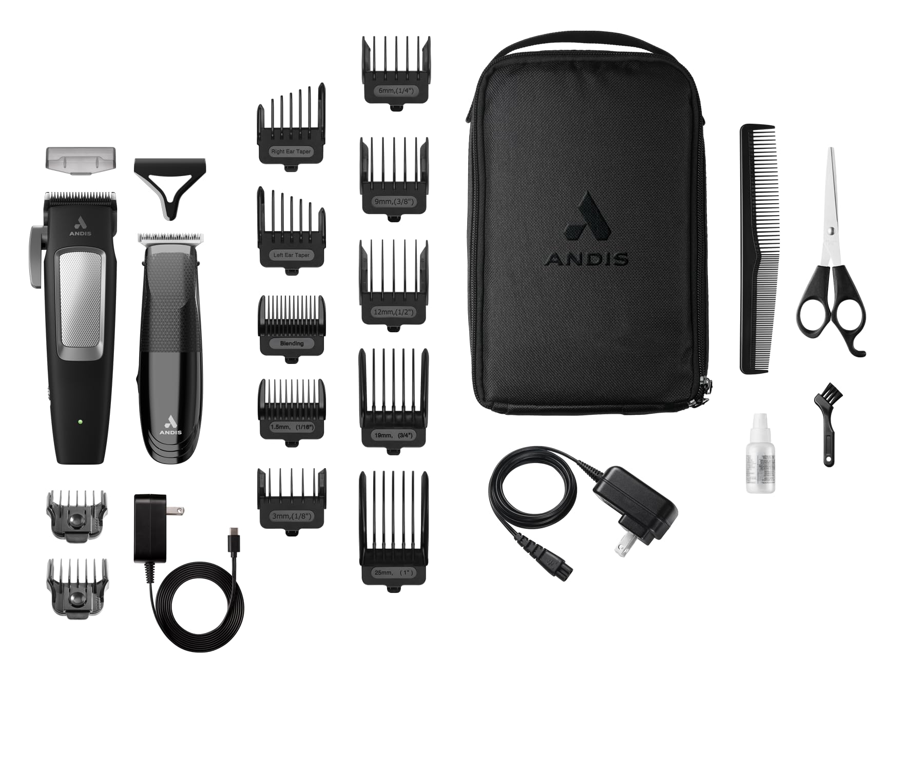Andis professional twenty three piece grooming kit displayed with all attachment combs and shears
