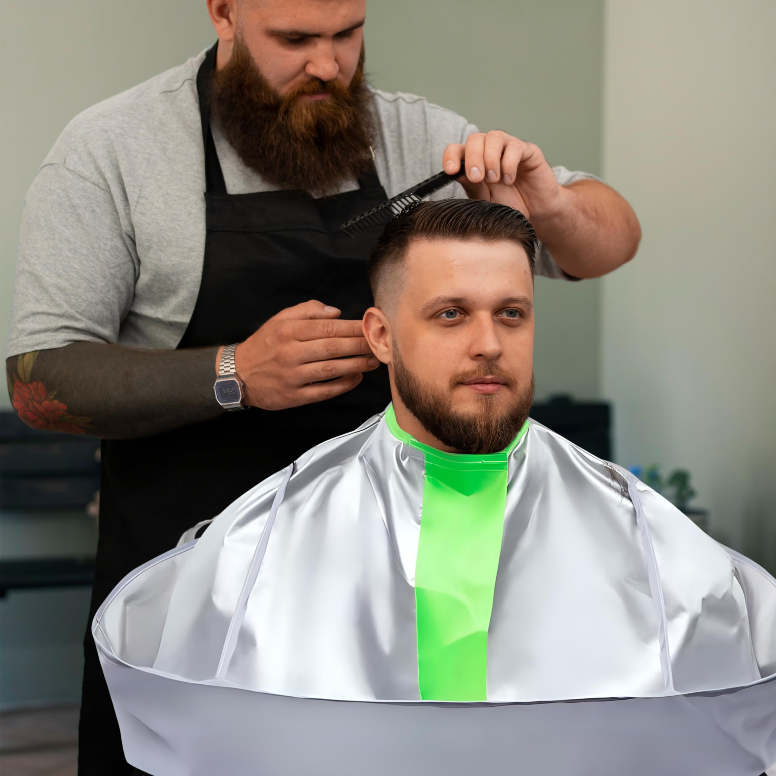 Wsevinn haircut apron silver and green variant showcasing the waterproof nylon material texture.