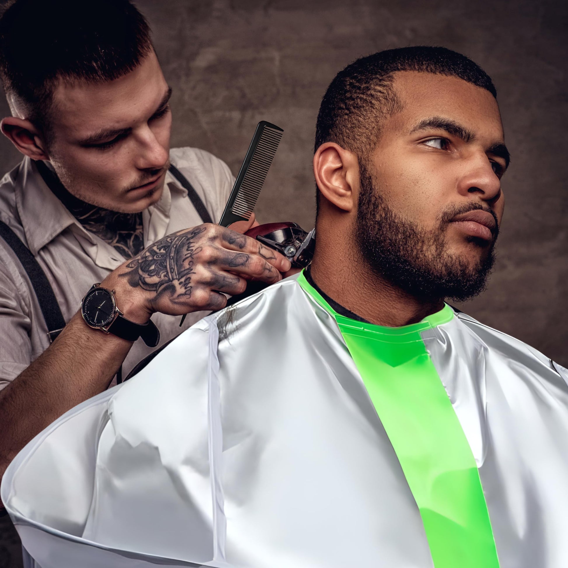 Wsevinn premium hair grooming kit including the silver barber apron and the included black styling comb.