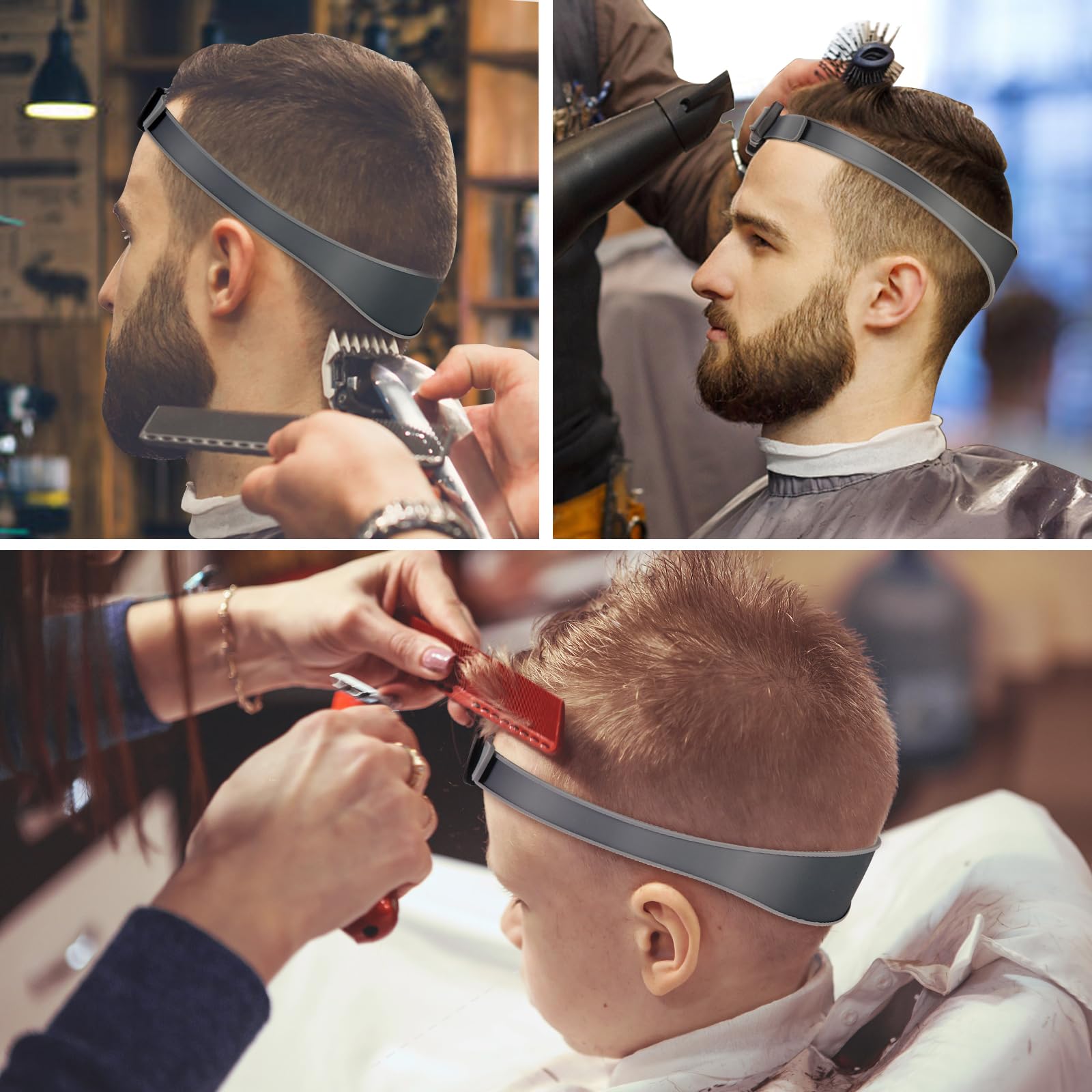 Rear view of the curved silicone haircut guide being used with clippers for a clean neckline shave.