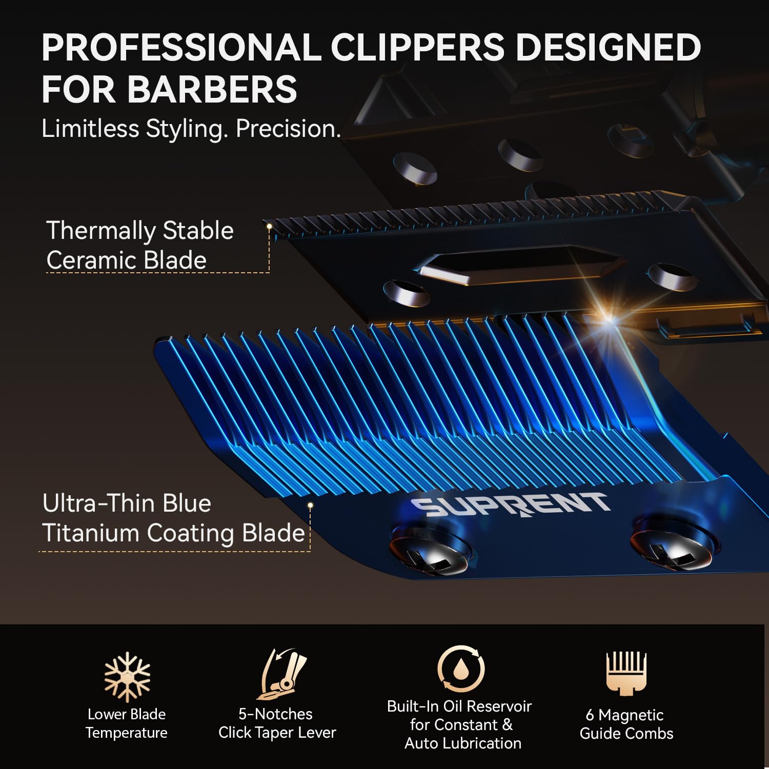 SUPRENT professional cordless barber clippers and zero gapped trimmer set standing on their minimalist charging docks.