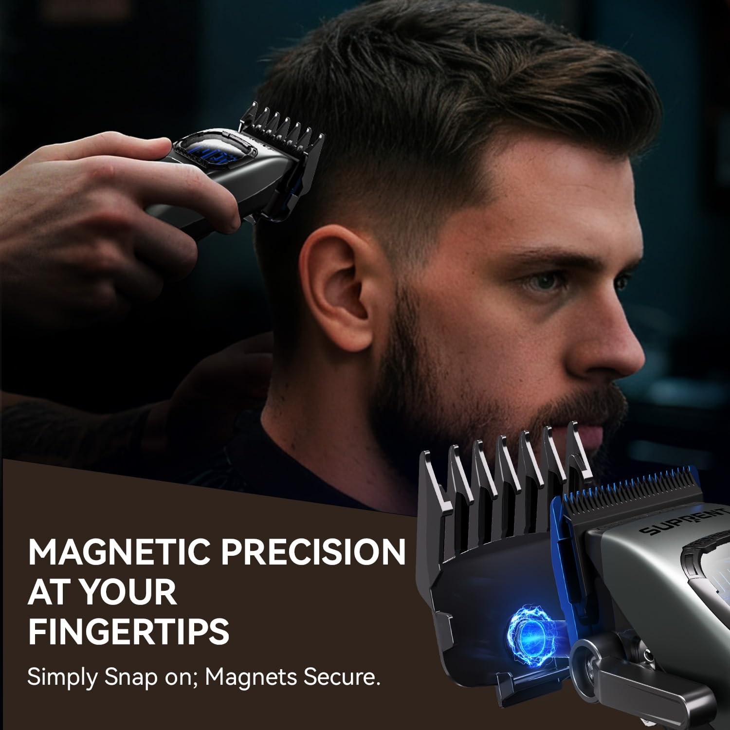 Close up of the SUPRENT T blade trimmer showing the narrow profile design for precise line work and fades.